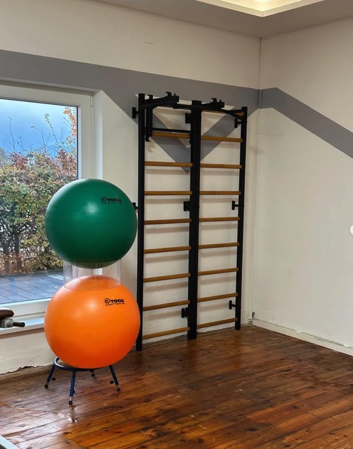 Mobility-Bereich mit Gymnastikbällen und Sprossenwand